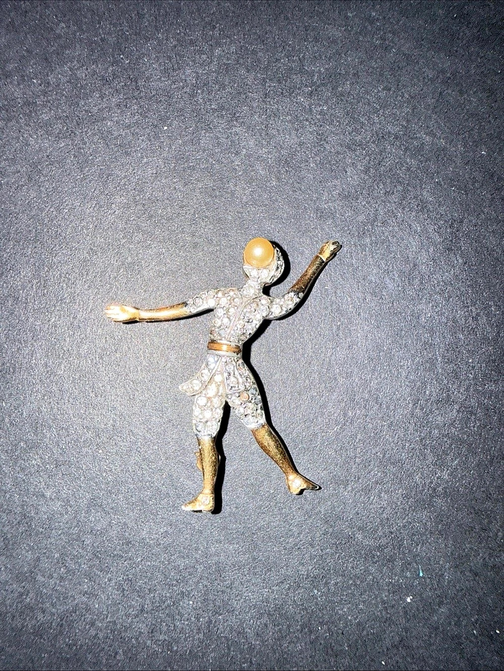 Kramer Vintage Male Ballet Dancer Rhinestone Brooch Gold Plated w/ Pearl